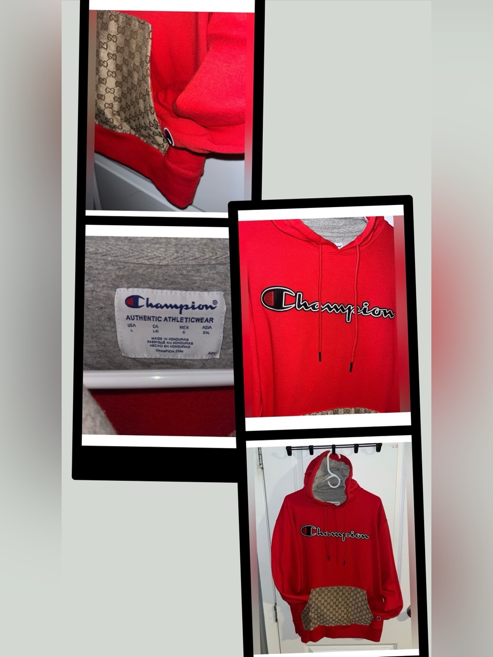 CUSTOM MADE Red Champion Hoodie Sweatshirt With GUCCI Fabric Front Pocket Large